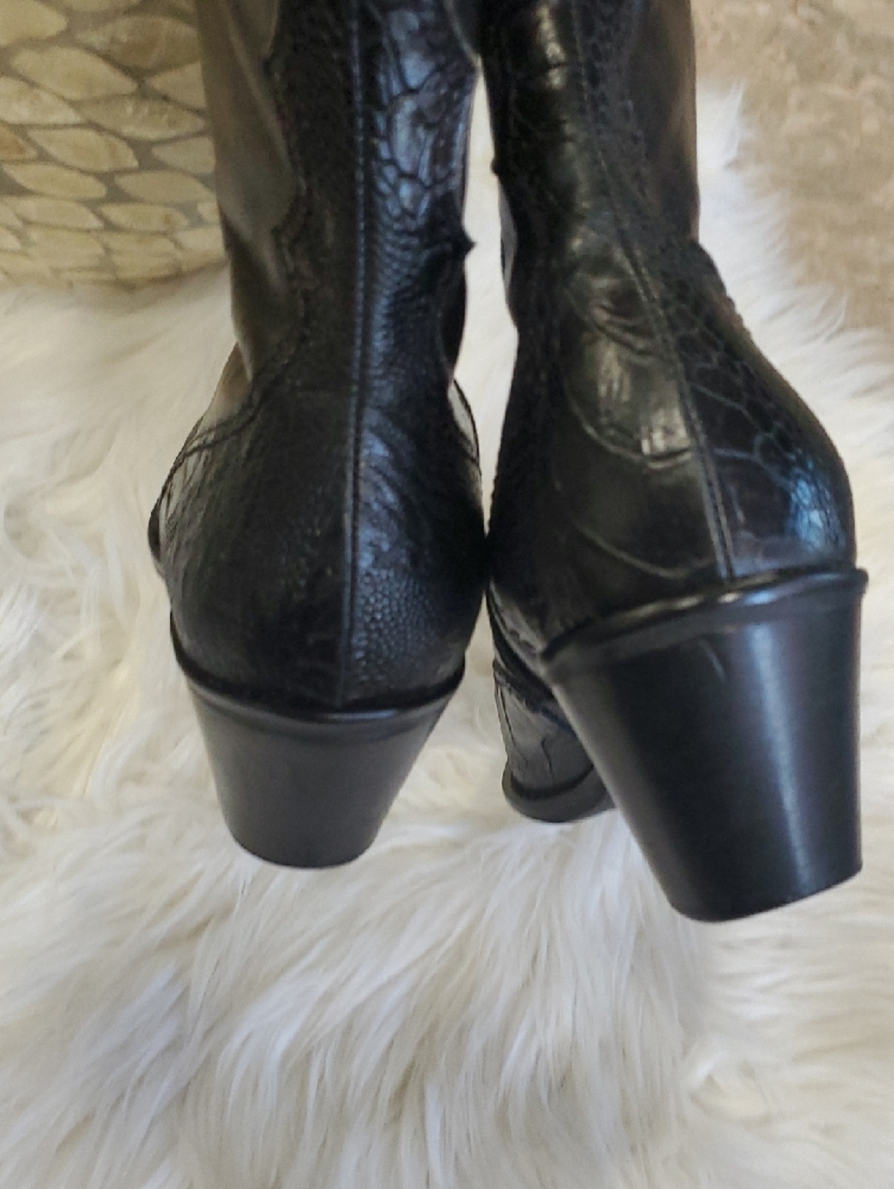 Franco Sarto Black Pointed Leather Ankle Booties with Embossed Toe - Picture 6 of 14